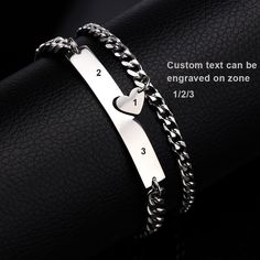 Material: Stainless Steel Weight: 23g/Pair (Cuban Chain) 25g/Pair (NK Chain) Chain Length: Heart Pendant Chain: 18cm Bar Pendant Chain: 20cm Package: A Pair of Bracelet 【How to Order】 1 Choose Style 2 Add your personalized text (e.g. Longitude, Coordinates, Roman Numeral, Names, Initials, Anniversary, Symbol etc.) 3 Choose Quantity 4 Submit Order Stainless Steel Bangle Bracelet For Valentine's Day, Promise Bracelets For Valentine's Day In Stainless Steel, Minimalist Stainless Steel Bracelet For Valentine's Day, Valentine's Day Promise Bracelets In Stainless Steel, Valentine's Day Promise Bracelet In Stainless Steel, Valentine's Day Promise Stainless Steel Bracelet, Couples Stainless Steel Bracelets For Friendship, Stainless Steel Friendship Bracelets, Engraved Bracelets For Valentine's Day Promise