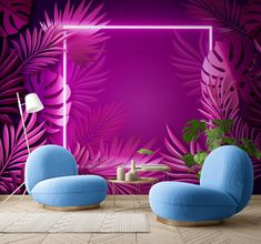 a living room with purple walls and blue chairs in front of a large plant wall