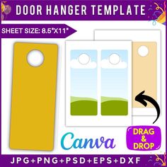 the door hanger template is shown with an arrow pointing to it and two different pictures