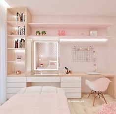 a bedroom with white furniture and pink walls