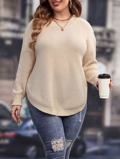 Beige Casual Collar Long Sleeve Knit Plain Pullovers Embellished Medium Stretch  Plus Size Knitwear White Oversized Sweater, Shein Sweater, Comfy Jumpsuits, Asymmetrical Sweater, Hem Sweater, Classic Sweater, Stylish Sweaters, Drop Shoulder Sweaters, Plus Size Sweaters