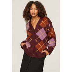 Purple argyle knit (100% Acrylic). Sweater. Long sleeves. V-neck. Front button closure. 25.5" from shoulder to hemline. Imported. Fall Argyle Pattern V-neck Sweater Vest, Fall V-neck Argyle Sweater Vest, Plaid Cardigan With Button Closure For Fall, Plaid V-neck Cardigan For Fall, Plaid V-neck Outerwear For Fall, Fall V-neck Sweater Vest With Button Closure, V-neck Plaid Outerwear For Winter, Casual Argyle Pattern Outerwear For Fall, Winter Plaid V-neck Cardigan