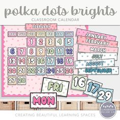 the polka dots calendar is shown with months and numbers