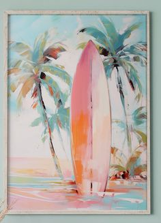 a painting of a pink surfboard in front of palm trees