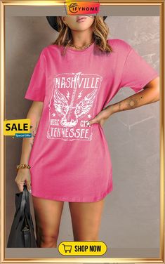 Pink Guitar Slogan Letter Graphic Print Oversized T Shirt Casual Cotton T-shirt For Concert, Casual Summer T-shirt For Concerts, Fall Concert T-shirt With Text Print, Casual T-shirt For Concert, Casual T-shirt For Spring Concert, Casual Crew Neck T-shirt For Concert, Spring Concert T-shirt With Letter Print, Summer Concert Crew Neck T-shirt, Spring Concert T-shirt With Short Sleeves