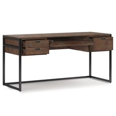 an office desk with two drawers and metal legs