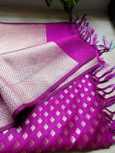 "Color: Purple Beautiful Indian katan silk dupatta with golden handweaving. The intricate floral handwoven design adds an incredibly royal and elegant look. The design on this Indian dupatta/stole is inspired by the vintage raw silk Indian dresses. The fabric is organically rich and luxurious to feel and is one of a kind. This dupatta can be paired with simple as well as designer outfits. You can wear it with gold jewelry or matching jewelry to complete the traditional Indian look. You would loo Luxury Multicolor Dola Silk Dupatta, Banarsi Dupatta, Indian Dupatta, Designer Dupatta, Western Style Dresses, Indian Look, Designer Outfits, Katan Silk, Durga Puja