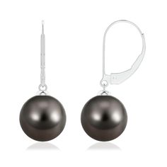 Secured to leverback closures are Tahitian cultured pearls that look enticing for their iridescent hue and luster. These solitaire pearl earrings are set in 14k white gold and look unassumingly elegant. Classic Round Pearl Earrings With French Hook, Silver Pearl Earrings With Lever Back, Silver Pearl Earrings With Lever Back For Formal Occasions, Silver Pearl Earrings With Lever Back For Formal Events, Silver Round Pearl Earrings With Lever Back, Classic Pearl Earrings With French Hook For Formal Occasions, Formal White Gold Pearl Earrings With Ear Wire, Classic Tahitian Pearl Earrings For Formal Occasions, Formal Round Pearl Earrings With Lever Back