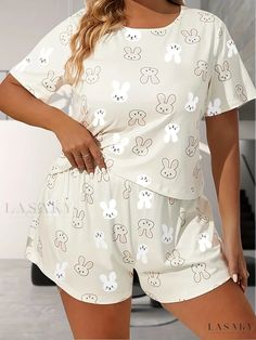 Lasaky - Delightful Plus Size Pajama Set for Women: Adorable Rabbit Print Short Sleeve Round Neck Tee & Shorts Lounge Two Piece Set Casual Beige Sleepwear For Pajama Party, Casual Beige Set For Sleepover, Beige Casual Pajama Party Sets, Casual Beige Pajama Party Sets, Casual Beige Sets For Pajama Party, Casual Cream Sets For Pajama Party, Casual Cream Pajama Party Sets, Casual Cream Sleepwear For Bedtime, Casual Cream Sleepwear For Home