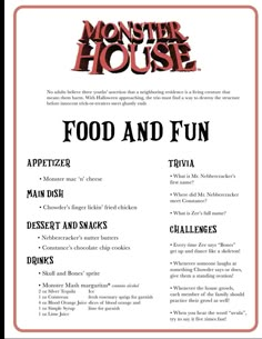 the monster house food and fun menu is shown in red, black and white colors