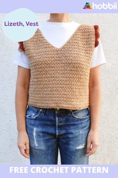 a woman wearing a crochet top with the text free crochet pattern