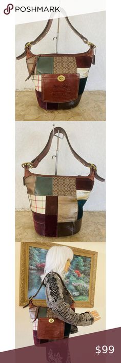 COACH BLEECKER PATCHWORK 11356 Bleecker Tattersall Vachetta Multicolor Duffle Single Pictures, Fabric Canvas, Suede Fabric, Bucket Bag, Final Sale, Dark Green, Patchwork