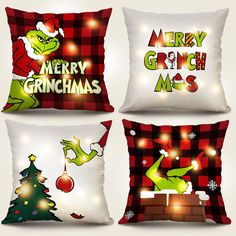 three christmas pillows with the words merry grinmas on them and an image of a tree