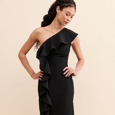 One Shoulder Ruffle Midi Dress | Nuuly Rent Couture Dresses For Formal Gala Occasion, Formal Couture Gala Dresses, Couture Formal Dresses For Gala, Couture Formal Gala Dresses, Fitted Pre-draped Gala Dress, Elegant Spring Evening Gown, Elegant Spring Evening Dress For Gala, Chic Evening Gown For Prom Season, Elegant Spring Gala Evening Dress