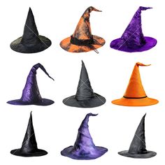 six witches hats with different colors and sizes