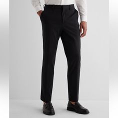 Slim Black Ponte Knit Suit Pant Express Mens New Black Stretch Pants For Business, Business Black Slim Fit Bottoms, Slim Fit Black Bottoms For Business, Black Slim Fit Dress Pants For Workwear, Black Slim Fit Bottoms For Business, Black Stretch Dress Pants For Business, Classic Black Slim Fit Pants, Black Dress Pants With Pockets For Business, Classic Black Slim Fit Bottoms