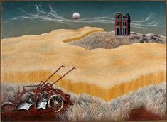 a painting of a farm scene with an old tractor