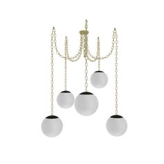 three white balls hanging from a chandelier