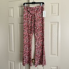 Mauve Floral With Waist Tie Flare With Fitting Thighs Casual Mid-rise Bottoms With Floral Print, Casual Floral Print Mid-rise Bottoms, Casual Mid-rise Floral Print Bottoms, Casual Mid-rise Floral Print Pants, Fitted Mid-rise Bottoms With Floral Print, Mid-rise Fitted Floral Print Bottoms, Mid-rise Floral Print Pants For Spring, Spring Full-length Relaxed Fit Leggings, Spring Full Length Relaxed Fit Leggings