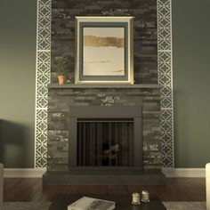 a living room with a fire place and painting on the wall above it's mantle