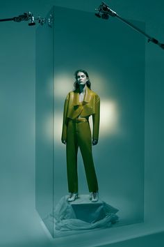 a mannequin in a green suit standing behind a glass display case with lights on either side