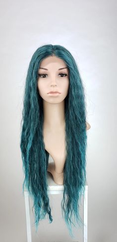 Teal Green Ombre Long Curly Lace Front Wig - Duchess Series LDRVN88 – Pose Wigs Teal Lace Front Wig, Front Wig Hairstyles, Lace Front Wig Hairstyles, Turquoise Wig, Mermaid Wig, Fluffy Curls, Teal Ombre, Curly Lace Front Wigs, Best Wigs