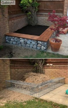 two pictures side by side of a garden with rocks in the ground and on the outside