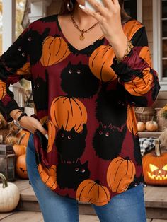 Plus Size Women's Halloween Cat Pumpkin Print T-Shirt, Fall Top Burgundy Casual  Long Sleeve Knitted Fabric Animal,Cartoon,Halloween  Slight Stretch  Women Plus Clothing, size features are:Bust: ,Length: ,Sleeve Length: Cheap Cartoon Print Tops For Halloween, Cheap Halloween Tops With Character Print, Cheap Halloween Tops With Front Print, Thanksgiving Top, Cat Pumpkin, Pumpkin Print, Black Party, Tops Fall, Kids Sleepwear