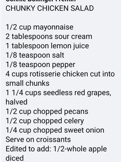 the recipe for chicken salad is shown in white