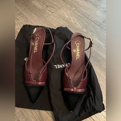 100% Authentic. Brand New Never Been Used . Includes Original Packaging European Size 36 1/2 Designer Heels With Heel Strap For Work, Burgundy 4-inch Heels For Evening, Luxury Calf Leather Slingback Pumps With Contrasting Heel, Evening Calf Leather Closed Toe Kitten Heels, Evening Closed Toe Calf Leather Kitten Heels, Calf Leather Closed Toe Kitten Heels For Evening, Chic Slingback Pumps With Red Sole, Elegant Red Leather Kitten Heels, Chic Kitten Heels With Branded Insole For Party