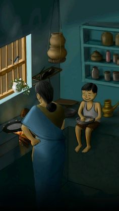 the woman is cooking in the kitchen with her child