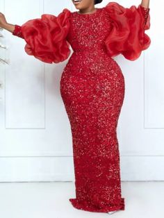 Women Sequin Floor Length Dress Puffy Ruched Long Sleeve Crew Neck Sparkly Glitter Velvet Formal Party Evening Gowns-FrenzyAfricanFashion.com Red Black Dress, African Maxi Dresses, Red Dress Women, Floor Length Dress, Women's Evening Dresses, Floor Length Dresses, Party Wear Dresses, Formal Party, Maxi Dress With Sleeves