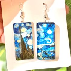 Starry Night Earrings For Sale! These Earrings Are So Awesome! They Are Made For Pierced Ears, And They Are About 3 Inches Long And About 1 Inch Wide. They Have A Picture Of Van Gogh’s Starry Night Painting On Each Earring. The Pendant Is Made Out Of Glass. Such Great Earrings To Add To Your Jewelry Collection! Gold Earring Cuff, Coach Earrings, Gold Feather Earrings, Dazzling Earrings, Bamboo Earrings, Faux Pearl Earrings, Open Hoop Earrings, Gold Ear Cuff, Crystal Hoop Earrings