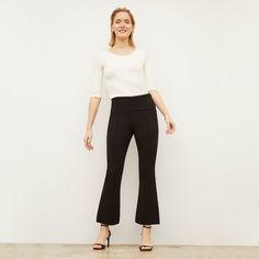 Made from our comfortable, machine-washable ponte fabric, the Shiloh pants are like yoga pants you can wear to the office. For fans of our Stella leggings, the Shiloh is the flared version, featuring the same foldover waistband and tailored fit through the thigh. These pants will be full-length if you’re 5’4” or under and cropped if you’re 5’5” or over. This fabric is made from responsibly forested viscose. Stretch Full-length Pants For Business Casual, Stretch Mid-rise Pants For Business Casual, Versatile 4-way Stretch Pants For Office, Versatile 4-way Stretch Office Pants, Business Casual Mid-rise Stretch Pants, Stretch Business Casual Pants, Chic Stretch Yoga Pants For Work, Stretch Wide-leg Yoga Pants For Workwear, Stretch Wide Leg Yoga Pants For Work