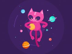 a pink cat is standing in the space with planets around it and holding an object