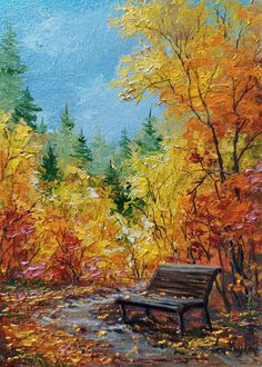 a painting of a park bench in the fall