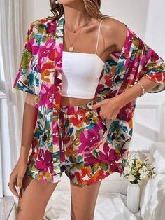 SHEIN VCAY Allover Floral Print Ruffle Trim Blouse | SHEIN USA Drawstring Waist Shorts, Women Blouses, Sleeveless Shirt, Floral Printed, Ruffle Trim, Drawstring Waist, Summer Women, Blouses For Women, Floral Print