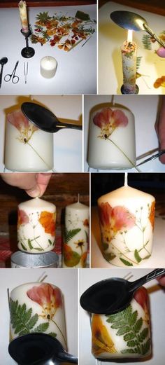 the process of making a candle with flowers and leaves painted on it is shown here