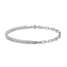 This beautiful bracelet is a perfect combination of classic and contemporary. Set in chic sterling silver, half of the bracelet is adorned with sparkling white lab-created sapphires, and the other half features a paperclip-link design. The 7.25-inch bracelet secures with a spring ring clasp. Modern White Diamond Bracelet For Formal Occasions, Modern White Bracelets With Diamond Accents, Modern White Diamond Cut Bracelet, Elegant Sterling Silver Paperclip Bracelet, Silver Elegant Paperclip Bangle Bracelet, Elegant Sterling Silver Paperclip Bracelet For Formal Occasions, Elegant Silver Paperclip Bangle Bracelet, Elegant White Gold Sterling Silver Paperclip Bracelet, Modern White Gold Diamond Bracelet With Oval Links