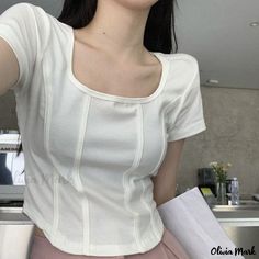 Olivia Mark - Short-Sleeve Slim Fit Korean Style Round Neck Shirt Round Neck Shirt, Loose Shorts, Chiffon Blouse, Shirt Collar, Neck Shirt, Olivia Mark, Types Of Collars, Pure Cotton, Daily Wear