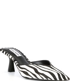 From Steve Madden&#x2C; the Mod-A Zebra Haircalf Mule Pumps feature:zebra printed haircalf (China) upperSlip-on designSynthetic liningSynthetic outsoleApprox. 2.5" heel heightImported. Mule Pumps, The Mod, Zebras, Dillard's, Zebra Print, Mule, Rock And Roll, Steve Madden, Heel Height