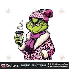 the grin holding a cup of coffee wearing a pink hat and leopard print coat with her hands in her pockets