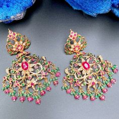 edwardian jewellery online Traditional 22k Gold Earrings With 17 Jewels, Multicolor Ruby Jewelry For Formal Occasions, Gemstone Earrings For Ceremonial Festive Occasions, Ceremonial Festive Gemstone Earrings, Elegant Multicolor Ruby Jewelry, Formal Multicolor Ruby Jewelry, Festive Gold-plated Earrings With 17 Jewels, Festive Gold Plated Jeweled Bridal Earrings, Festive Jeweled Gold-plated Bridal Earrings