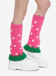 Add a dash of sweetness to every step with these berry cute leg warmers! This knit pair features a pink strawberry-inspired design.AcrylicImported Pink And Orange Fashion, Kawaii Kei Fashion, Strawberry Legwarmers, Lovecore Clothing, Cutecore Items, Strawberry Knit, Cute Leg Warmers, Strawberry Style, Strawberry Clothes