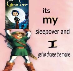 a cartoon character holding up a book in front of her face with the caption it's my sleepover and i get to choose the movie