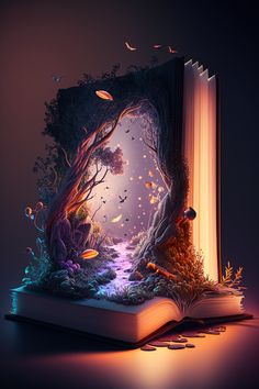 an open book with the pages lit up and trees on it, in front of a purple background