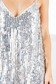 Details: Women Dress Slip Sequin Silver Short Spaghetti Straps V-neck Backless Double Layer Sequin Dress Mini, Short Slip Dress, Slip Mini Dress, Silver Sequin Dress, Sequin Short, Party Frocks, Mini Slip, Sequin Shorts, Different Dresses