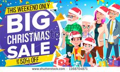 big christmas sale banner with family in santa hats and presents on the blue sky background