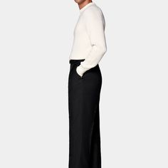 These black pants are tailored to a wide leg straight fit, offering roomier hip and thigh space with a wide straight leg opening. Featuring a high-rise waist, single pleat, belt loops, and slanted side pockets. Sleek Straight Leg Wide Pants For Formal Occasions, Sleek Formal Straight Leg Wide Pants, Sleek Wide Leg Pants With Belt Loops For Evening, Sleek Wide Leg Pants For Evening With Belt Loops, Tailored Black Wide Leg Pants With Straight Hem, Black Tailored Wide Leg Pants With Straight Hem, Sleek Wide Leg Formal Pants, Black Wide Leg Pants With Straight Hem For Office, Sleek Formal Wide Leg Bottoms