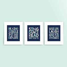 three black and white posters with the words sing, dance, laugh, say no